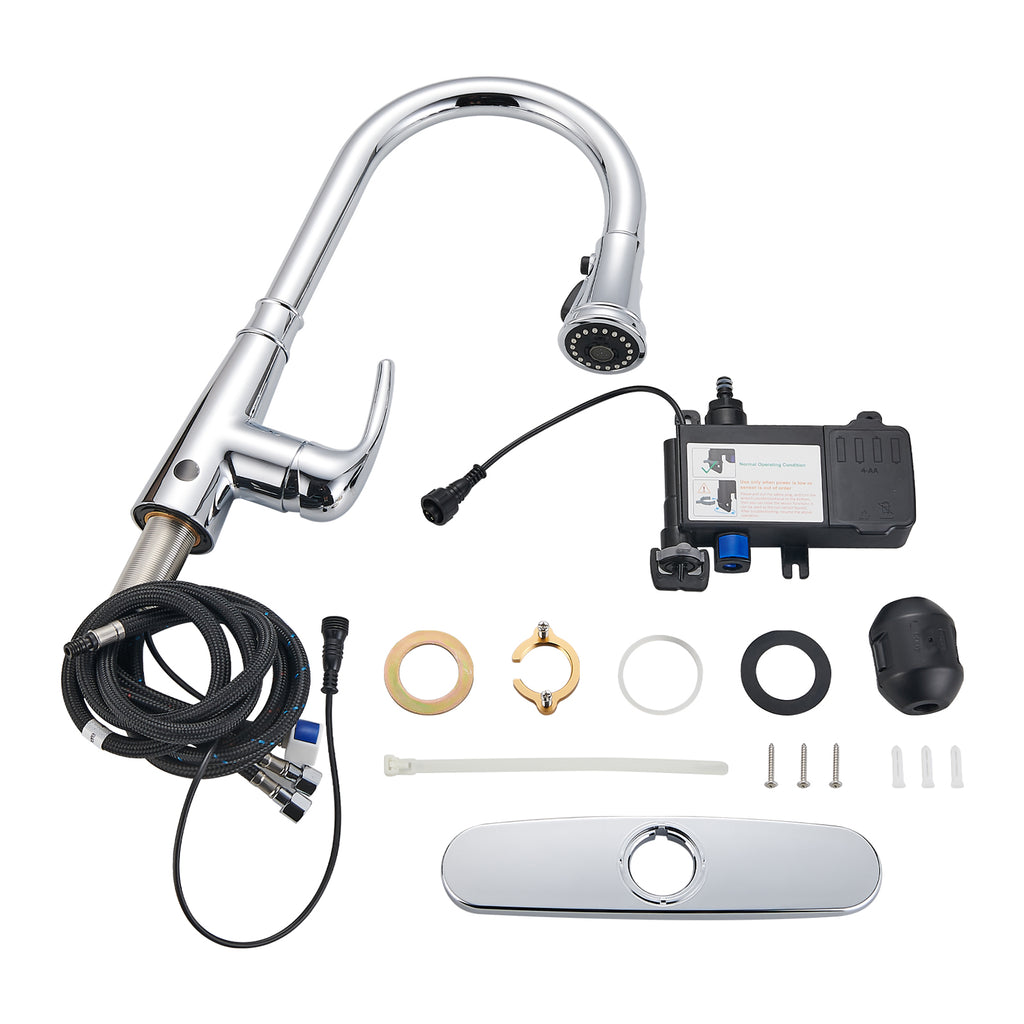 Touchless Single Handle Gooseneck Pull Down Sprayer Kitchen Faucet with Deckplate Pull Out Sink Faucet in Chrome