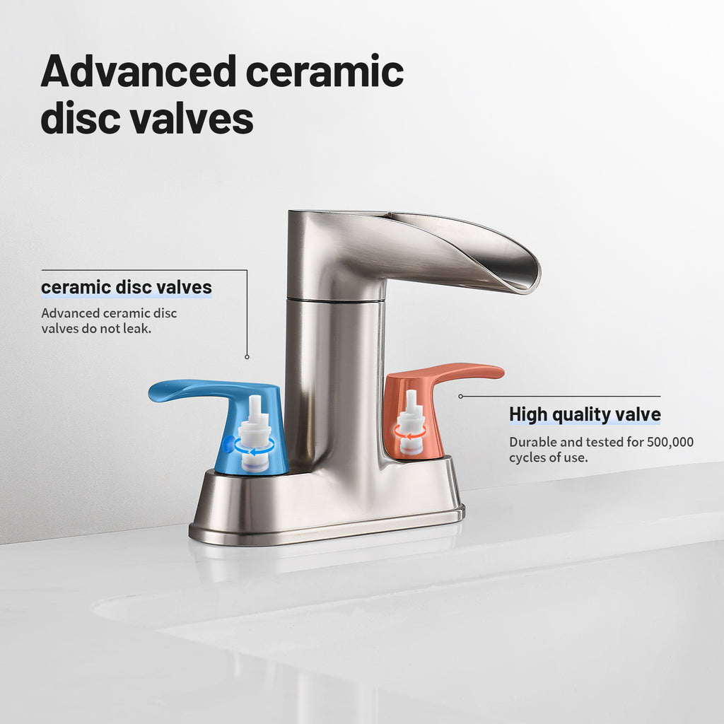 Rotatable 4 in. Centerset Double Bathroom Faucet with Drain kit Included Waterfall Lavatory in Brushed Nickel