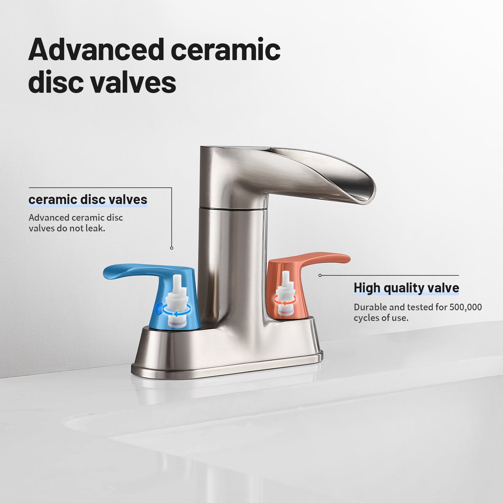 Rotatable 4 in. Centerset Double Bathroom Faucet with Drain kit Included Waterfall Lavatory in Brushed Nickel