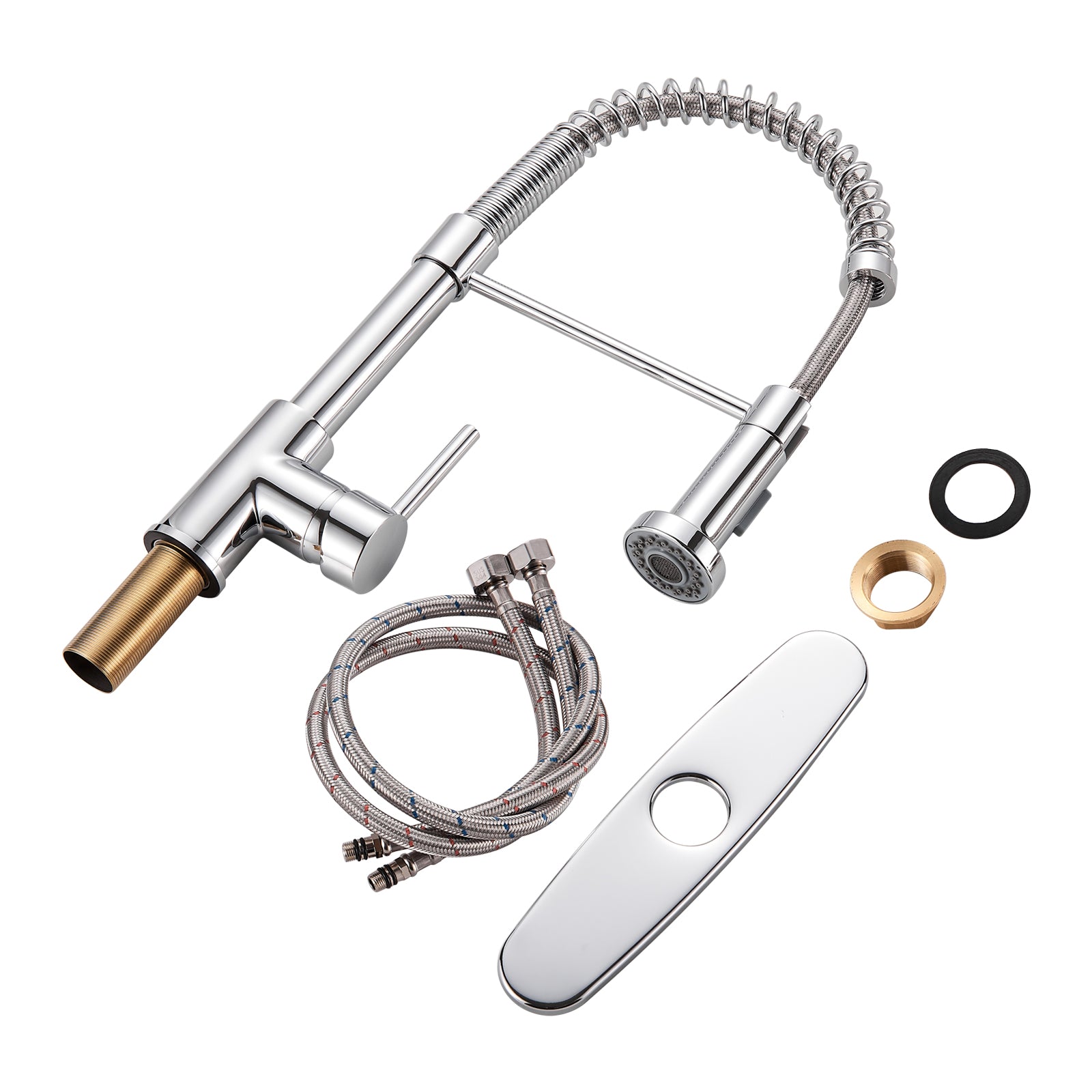 Single-Handle Pull Out Sprayer Coil Spring High-Arc Kitchen Faucet with Deckplate Sink Faucet in Chrome