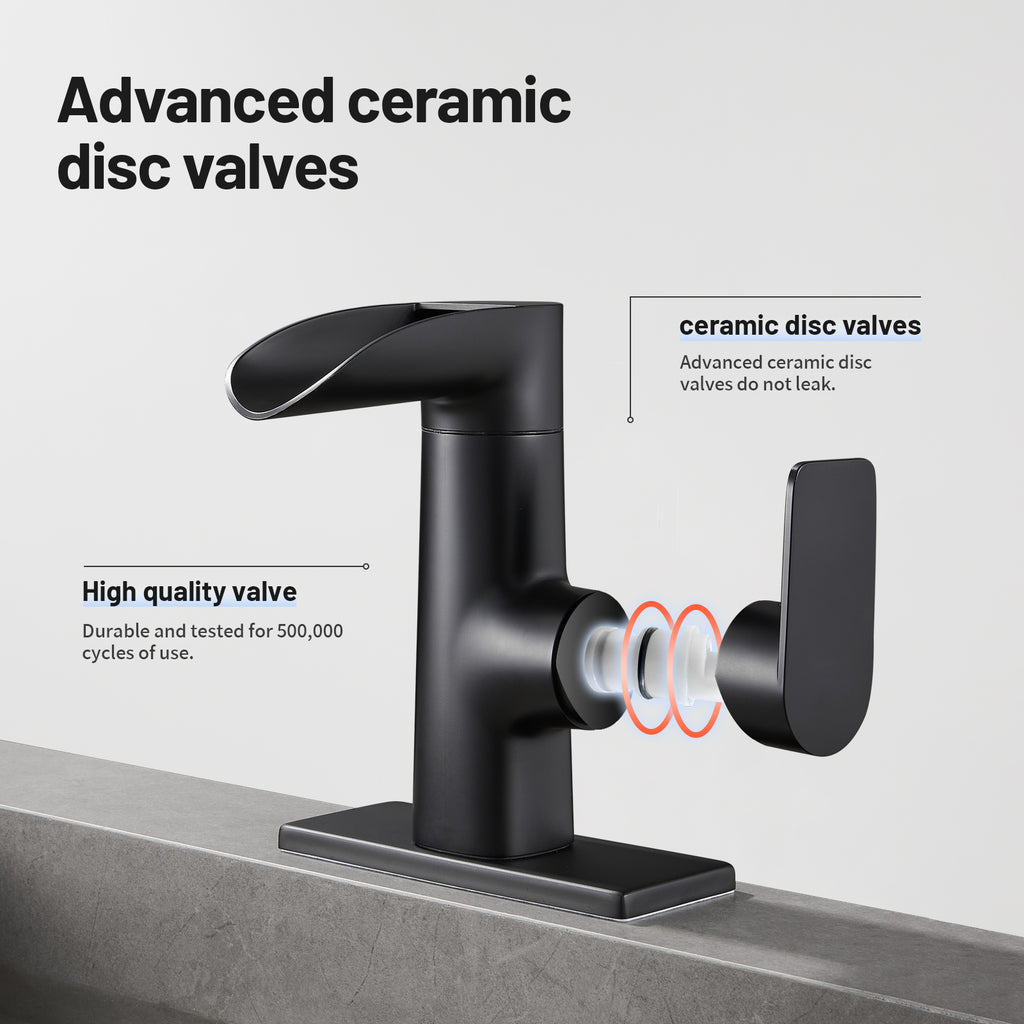 Waterfall Single Handle Single Hole Low Arc Bathroom Faucet With Metal Pop Up Drain Assembly Sink Faucet in Matte Black