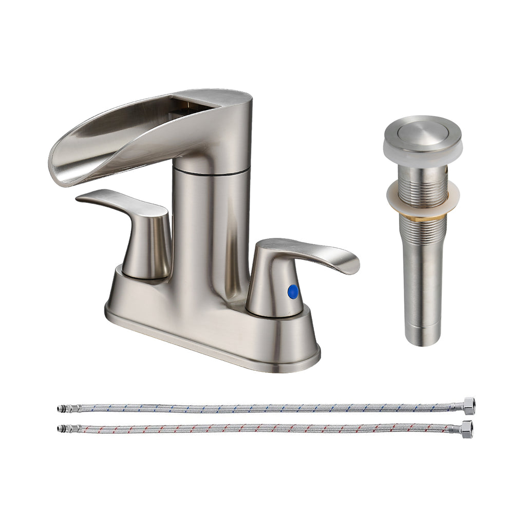 Rotatable 4 in. Centerset Double Bathroom Faucet with Drain kit Included Waterfall Lavatory in Brushed Nickel