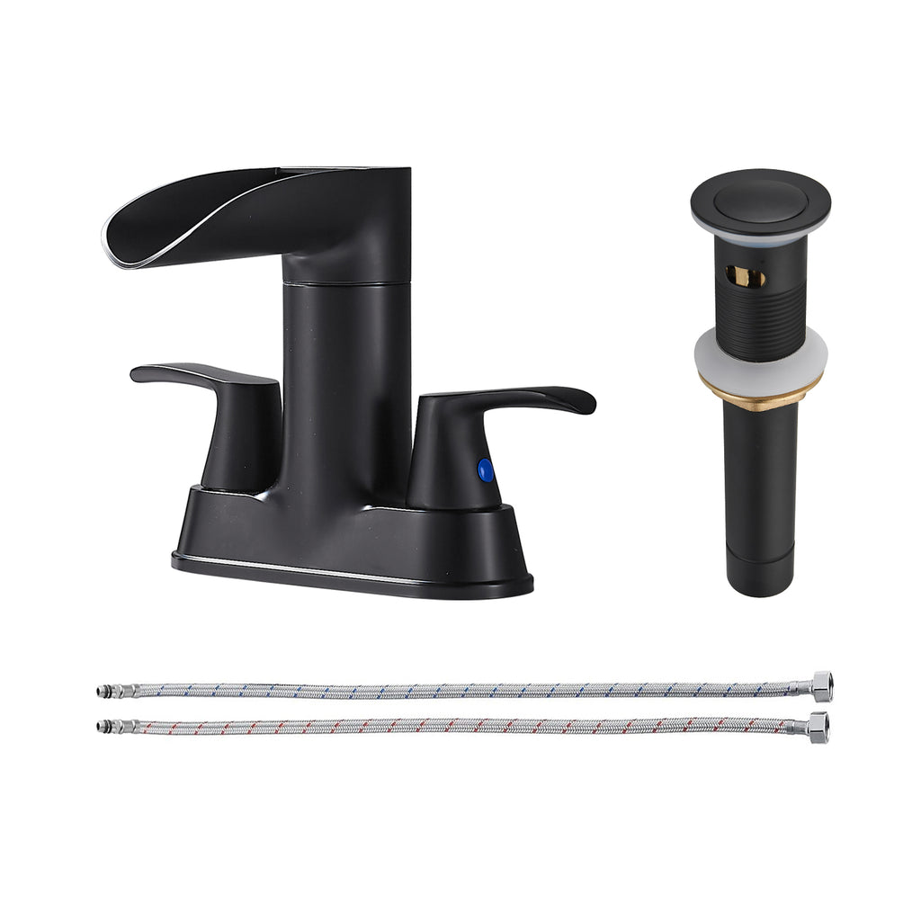 Rotatable 4 in. Centerset Double Bathroom Faucet with Drain kit Included Waterfall Lavatory in Matte Black