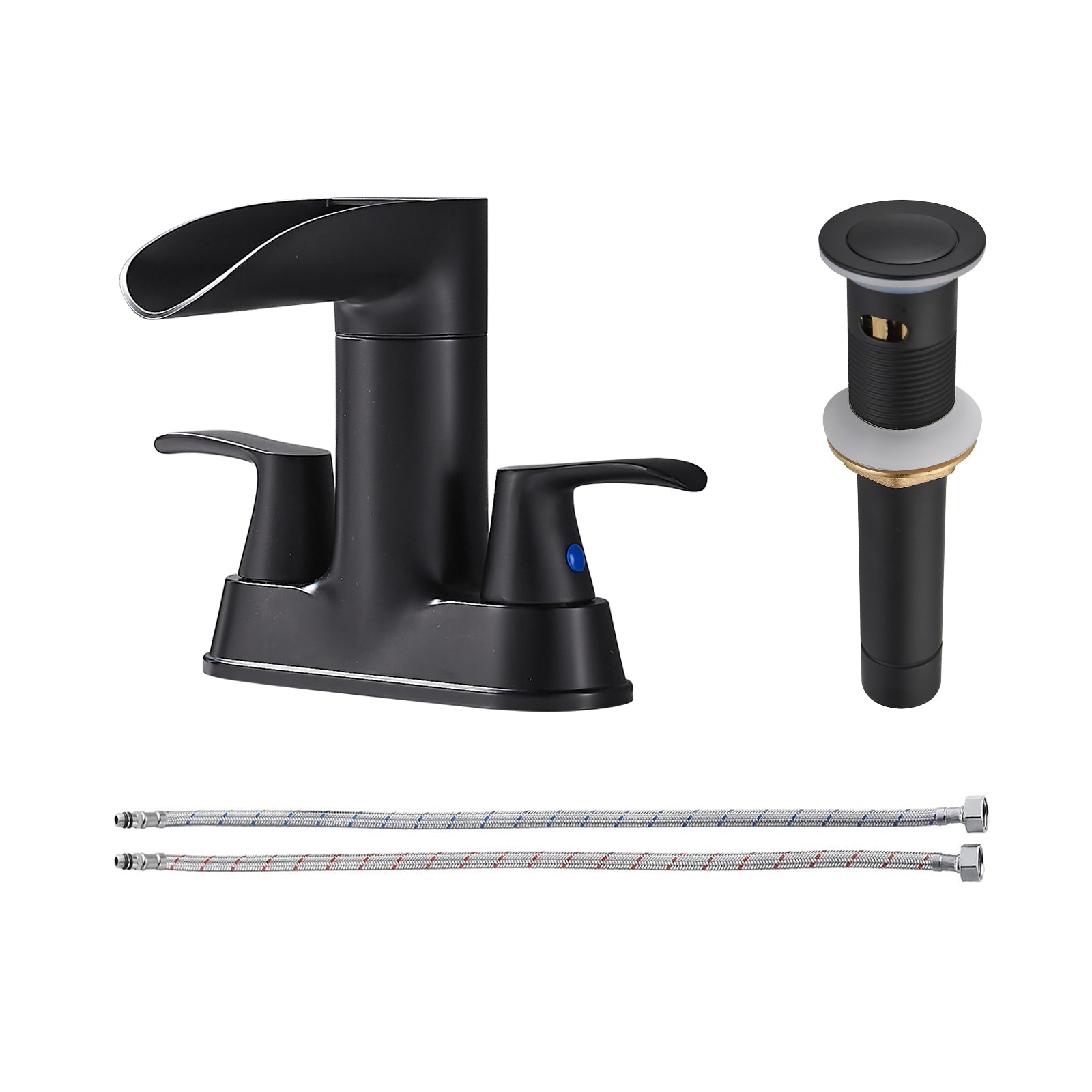 Rotatable 4 in. Centerset Double Bathroom Faucet with Drain kit Included Waterfall Lavatory in Matte Black