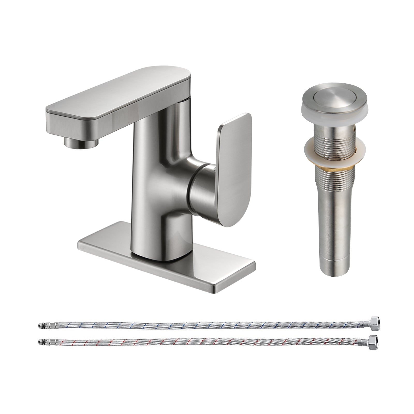 Single Handle Single Hole Low Arc Bathroom Faucet With Metal Pop Up Drain Assembly Swivel Sink Faucet in Brushed Nickel