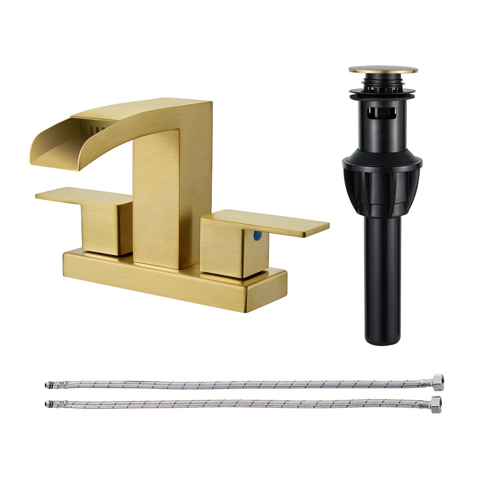 Waterfall Spout 304 stainless steel 4 in. Centerset Double Handle Bathroom Faucet with Drain Kit Included in Gold