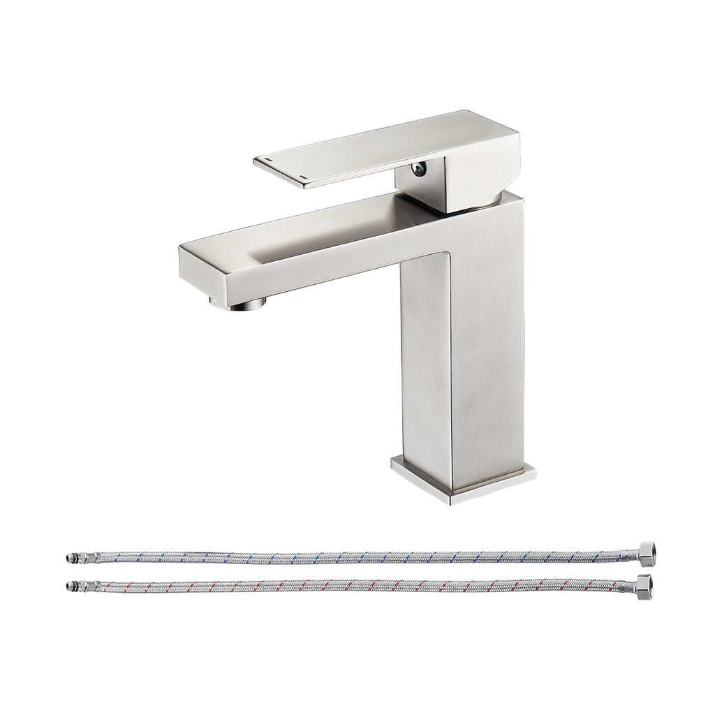 Square Single Handle Single Hole Bathroom Faucet in Brushed Nickel