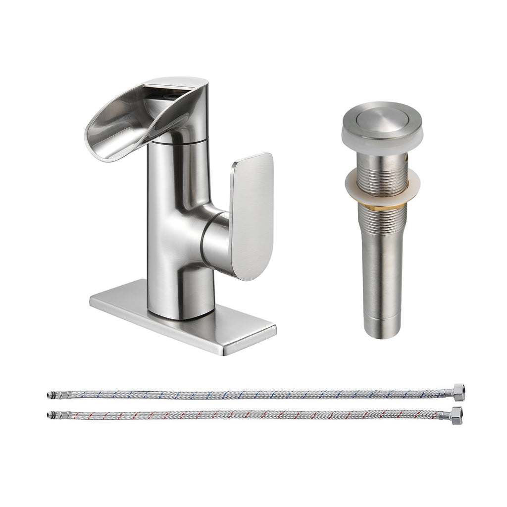 Single Handle Single Hole Low Arc Bathroom Faucet With Metal Pop Up Drain Assembly Swivel Sink Faucet in Brushed Nickel