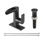 Waterfall Single Handle Single Hole Low Arc Bathroom Faucet With Metal Pop Up Drain Assembly Sink Faucet in Matte Black