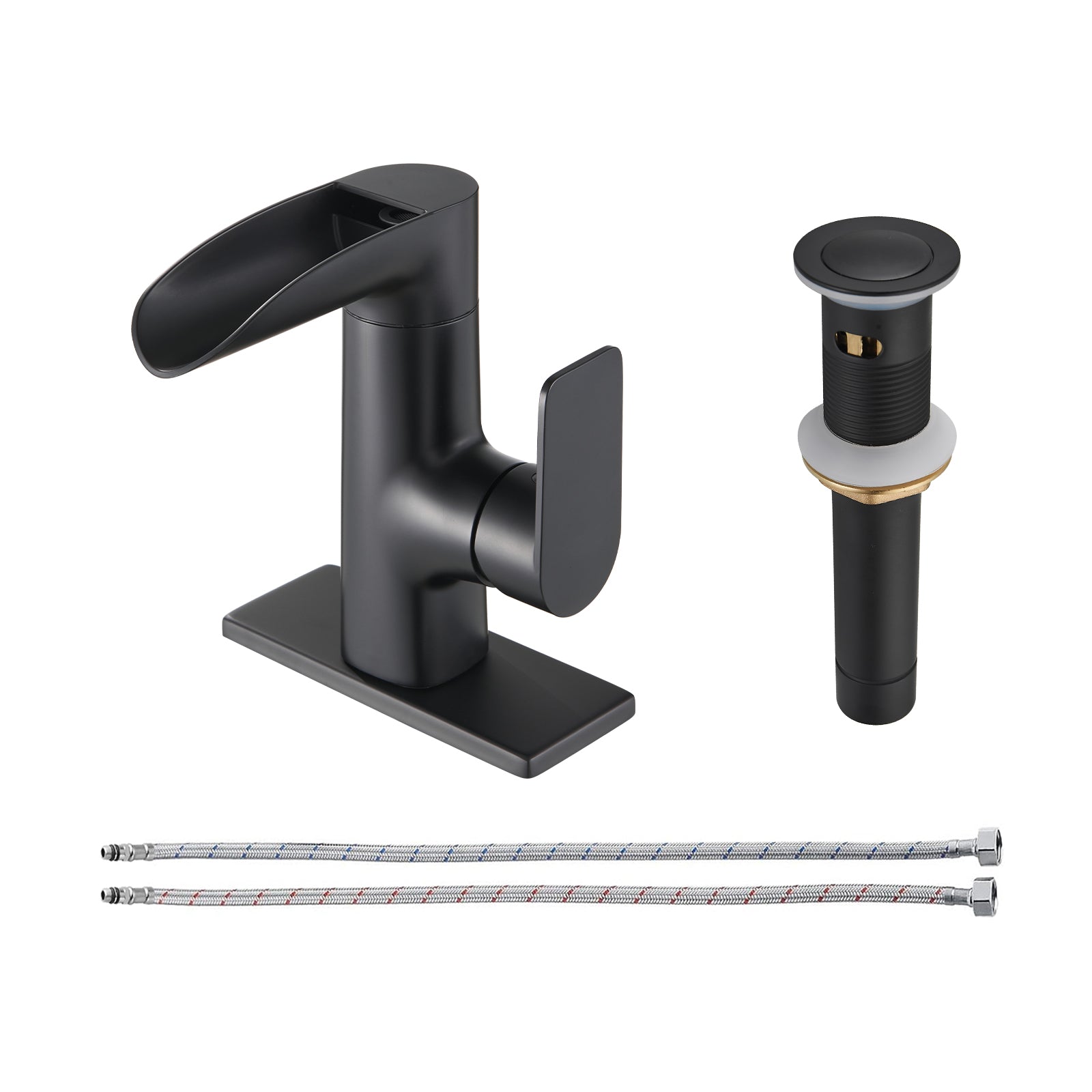 Waterfall Single Handle Single Hole Low Arc Bathroom Faucet With Metal Pop Up Drain Assembly Sink Faucet in Matte Black