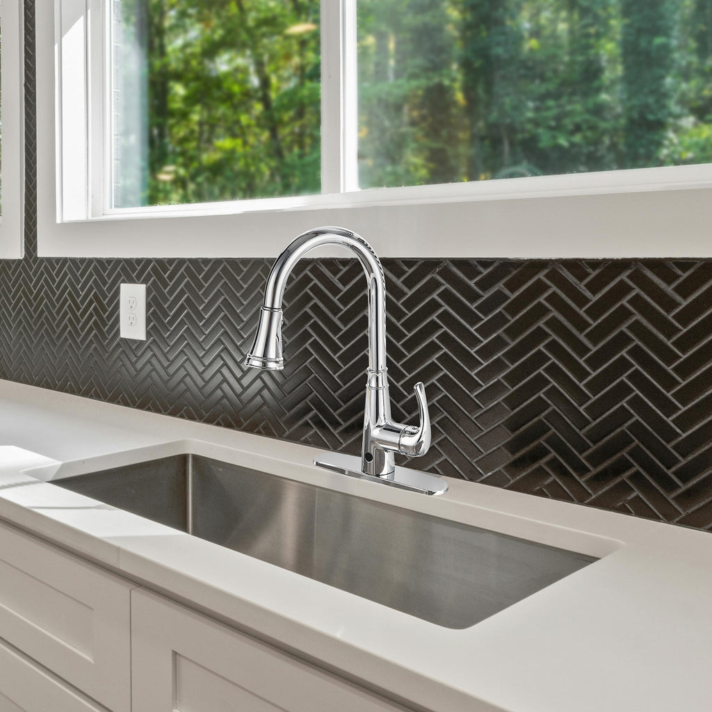 Touchless Single Handle Gooseneck Pull Down Sprayer Kitchen Faucet with Deckplate Pull Out Sink Faucet in Chrome