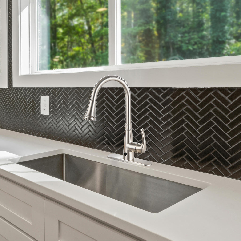 Touchless Single Handle Gooseneck Pull Down Sprayer Kitchen Faucet with Deckplate Pull Out Sink Faucet in Brushed Nickel