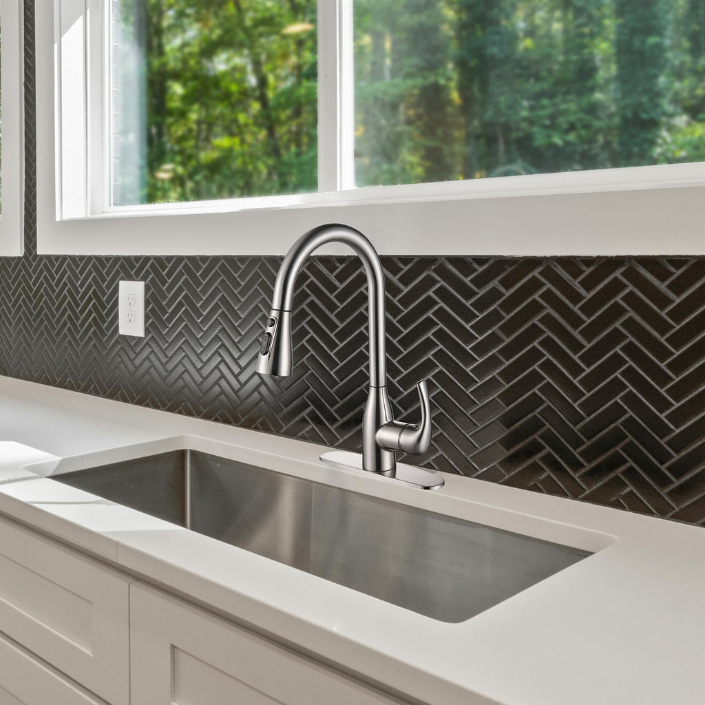 Gooseneck Single-Handle Pull Down Sprayer Kitchen Faucet with Deckplate Pull Out Sink Faucet in Brushed Nickel