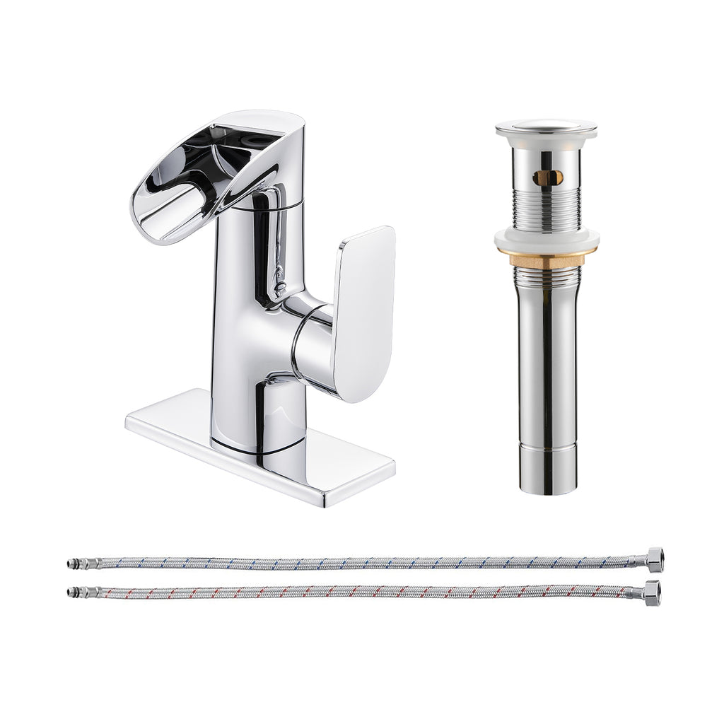 Waterfall Single Handle Single Hole Low Arc Bathroom Faucet With Metal Pop Up Drain Assembly Sink Faucet in Chrome