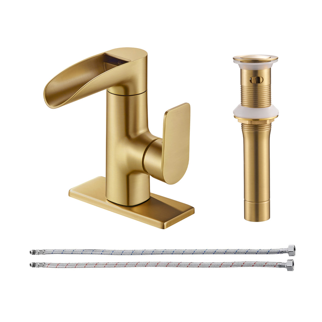 Waterfall Single Handle Single Hole Low Arc Bathroom Faucet With Metal Pop Up Drain Assembly Sink Faucet in Gold