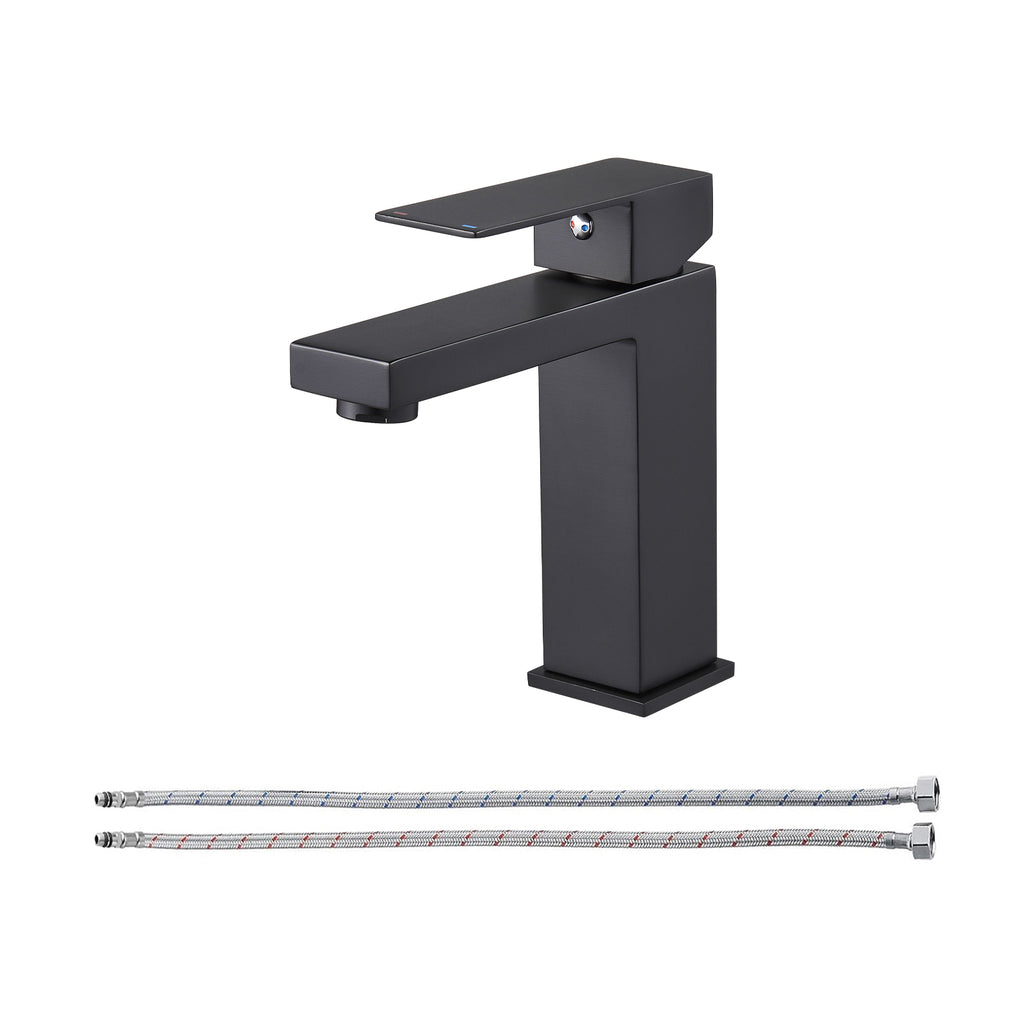Square Single Handle Single Hole Bathroom Faucet in Matte Black