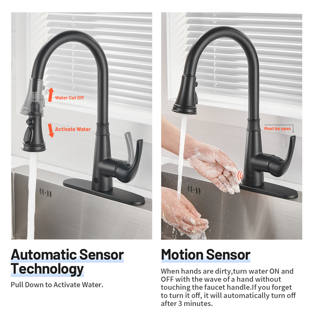 Touchless Single Handle Gooseneck Pull Down Sprayer Kitchen Faucet with Deckplate Pull Out Sink Faucet in Black