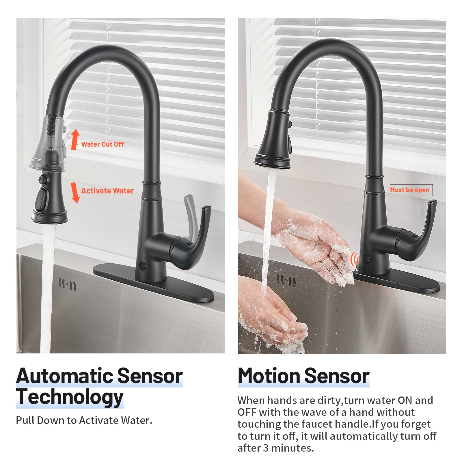 Touchless Single Handle Gooseneck Pull Down Sprayer Kitchen Faucet with Deckplate Pull Out Sink Faucet in Black