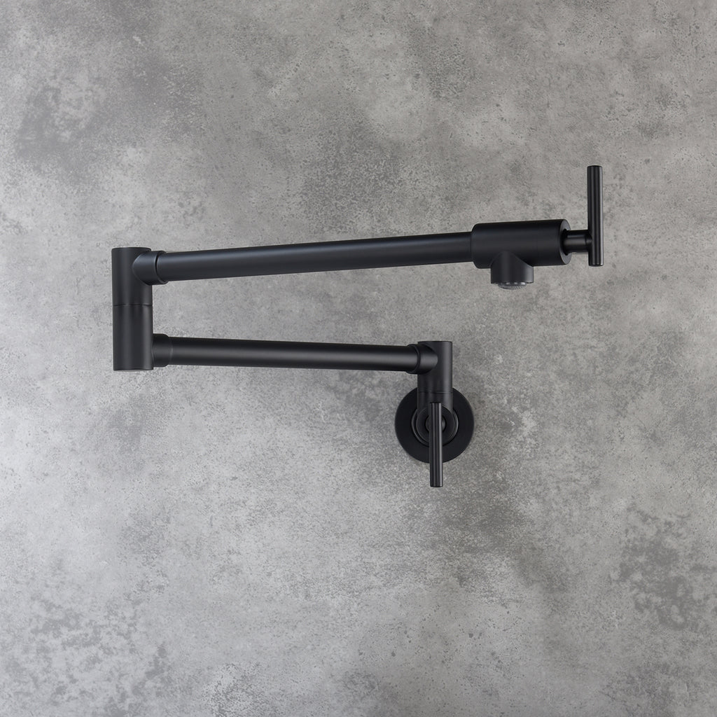 Wall Mounted Folding Pot Filler with Double-Handle Brass stretchable Kitchen Sink Faucet in Matte Black