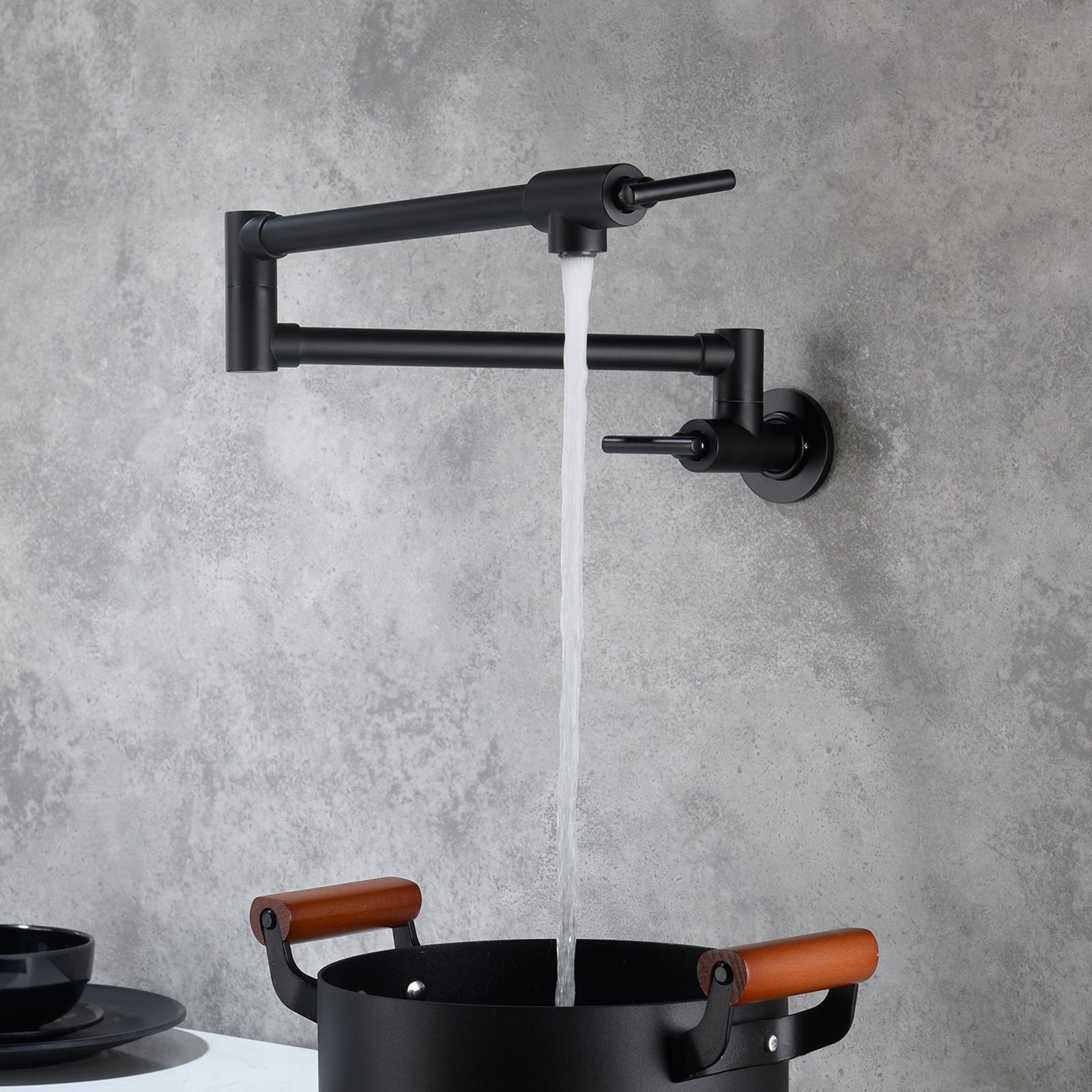 Wall Mounted Folding Pot Filler with Double-Handle Brass stretchable Kitchen Sink Faucet in Matte Black