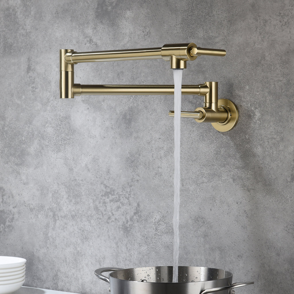 Wall Mounted Folding Pot Filler with Double-Handle Brass stretchable Kitchen Sink Faucet in Brushed Gold