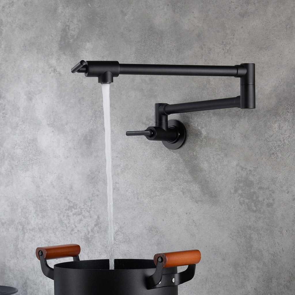 Wall Mounted Folding Pot Filler with Double-Handle Brass stretchable Kitchen Sink Faucet in Matte Black