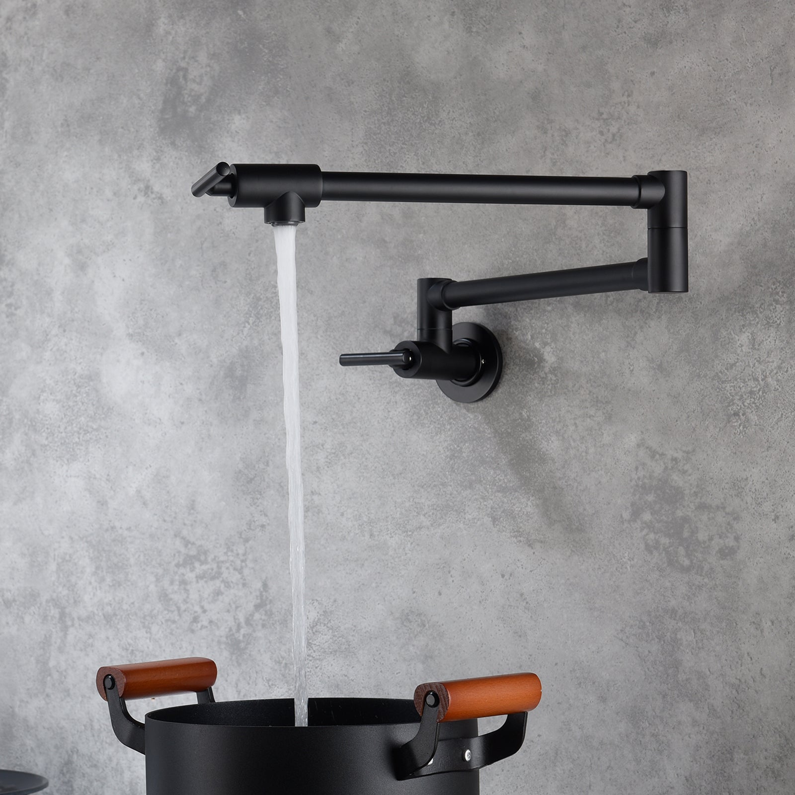 Wall Mounted Folding Pot Filler with Double-Handle Brass stretchable Kitchen Sink Faucet in Matte Black
