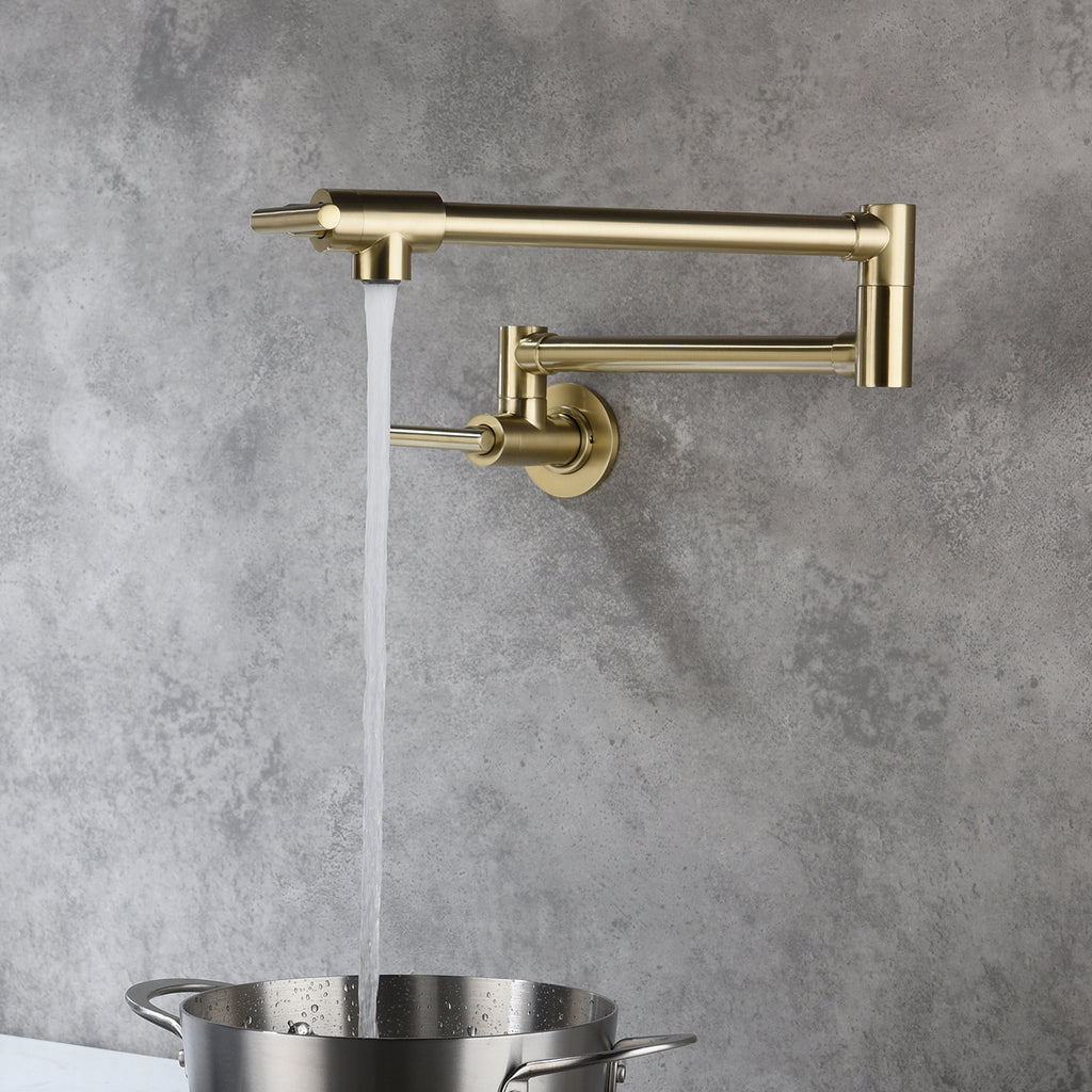 Wall Mounted Folding Pot Filler with Double-Handle Brass stretchable Kitchen Sink Faucet in Brushed Gold