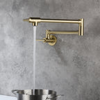 Wall Mounted Folding Pot Filler with Double-Handle Brass stretchable Kitchen Sink Faucet in Brushed Gold
