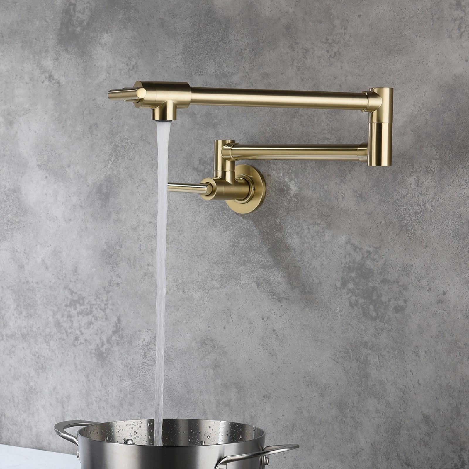 Wall Mounted Folding Pot Filler with Double-Handle Brass stretchable Kitchen Sink Faucet in Brushed Gold