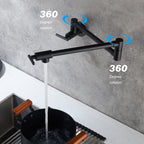 Wall Mounted Folding Pot Filler with Double-Handle Brass stretchable Kitchen Sink Faucet in Matte Black