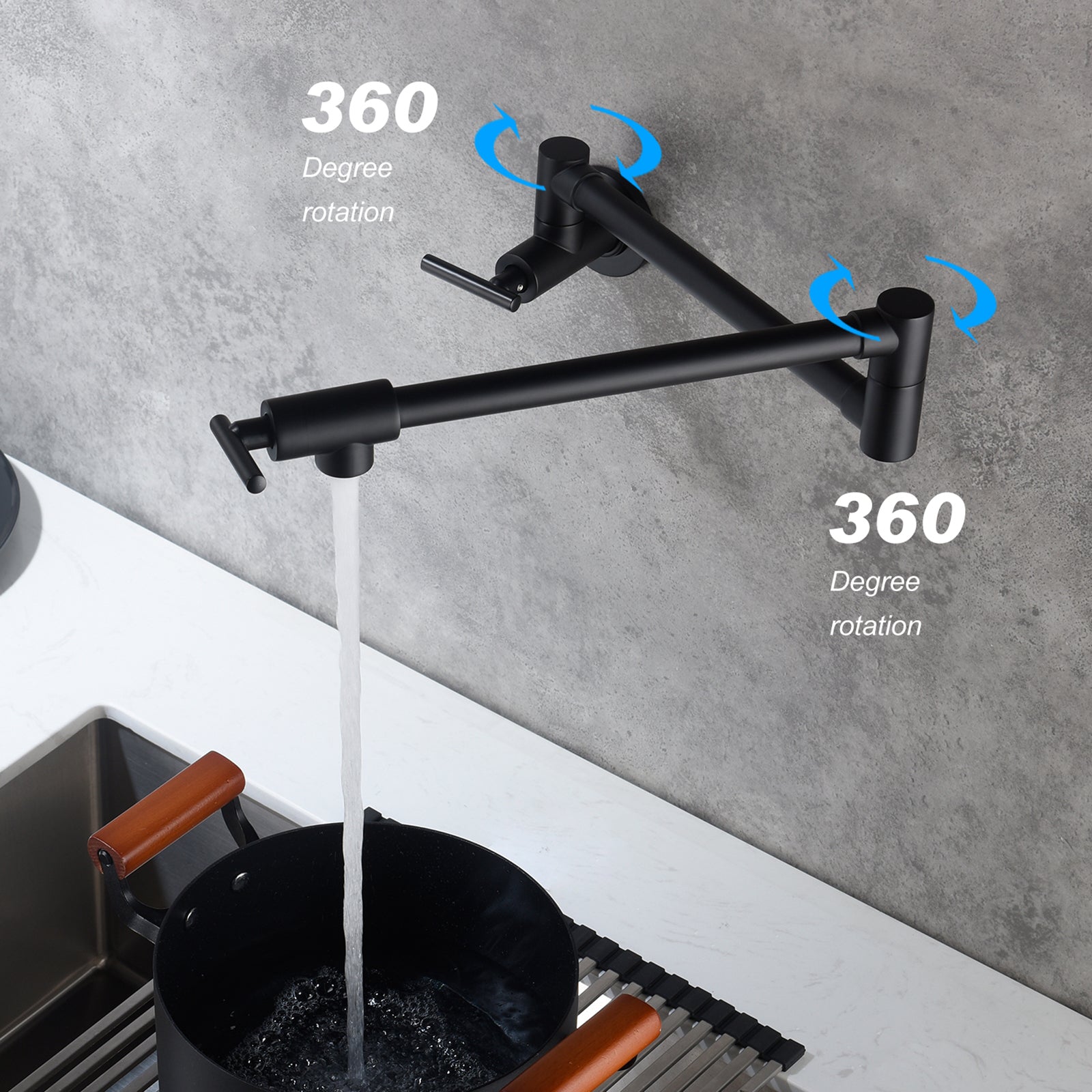 Wall Mounted Folding Pot Filler with Double-Handle Brass stretchable Kitchen Sink Faucet in Matte Black