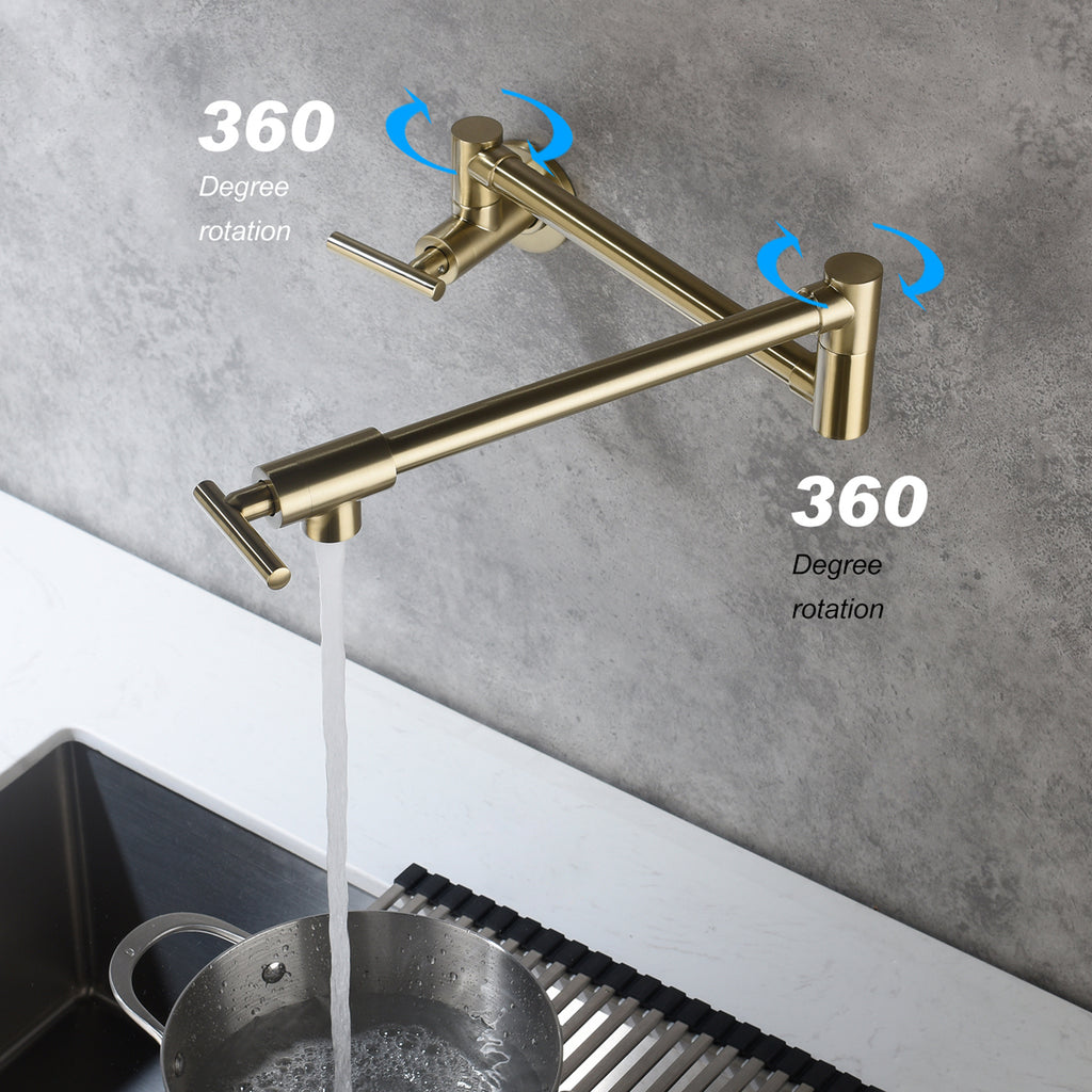 Wall Mounted Folding Pot Filler with Double-Handle Brass stretchable Kitchen Sink Faucet in Brushed Gold
