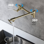 Wall Mounted Folding Pot Filler with Double-Handle Brass stretchable Kitchen Sink Faucet in Brushed Gold