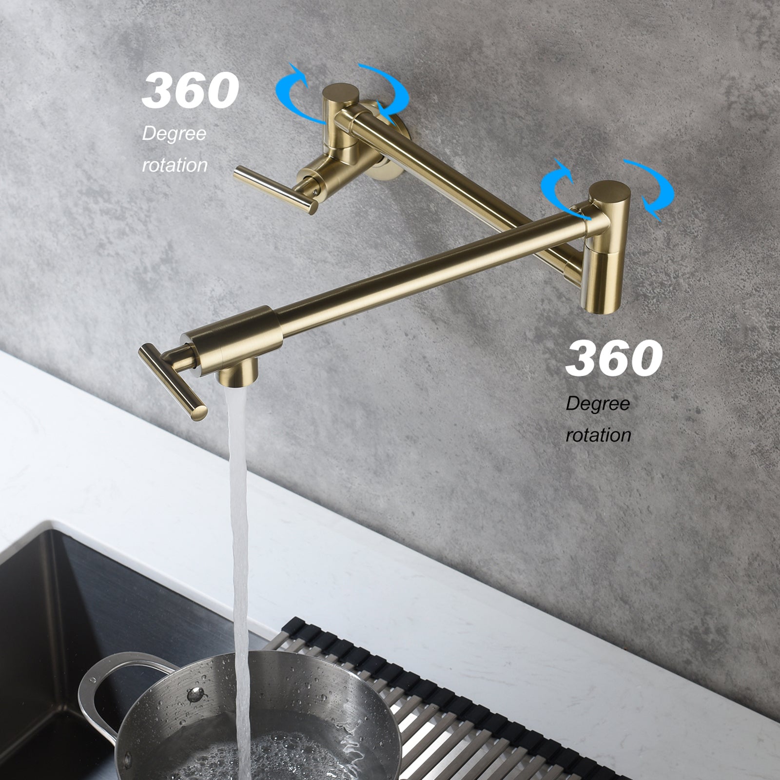 Wall Mounted Folding Pot Filler with Double-Handle Brass stretchable Kitchen Sink Faucet in Brushed Gold