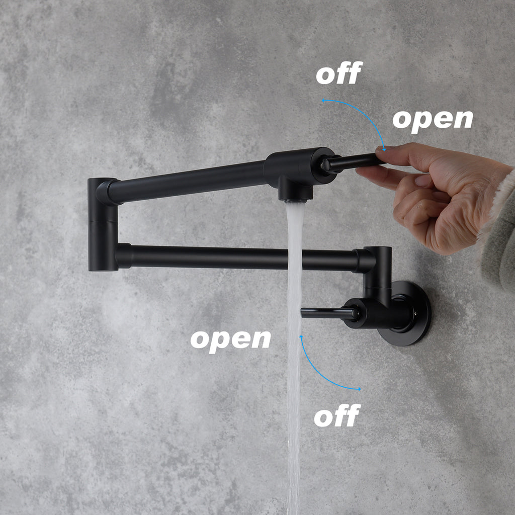 Wall Mounted Folding Pot Filler with Double-Handle Brass stretchable Kitchen Sink Faucet in Matte Black
