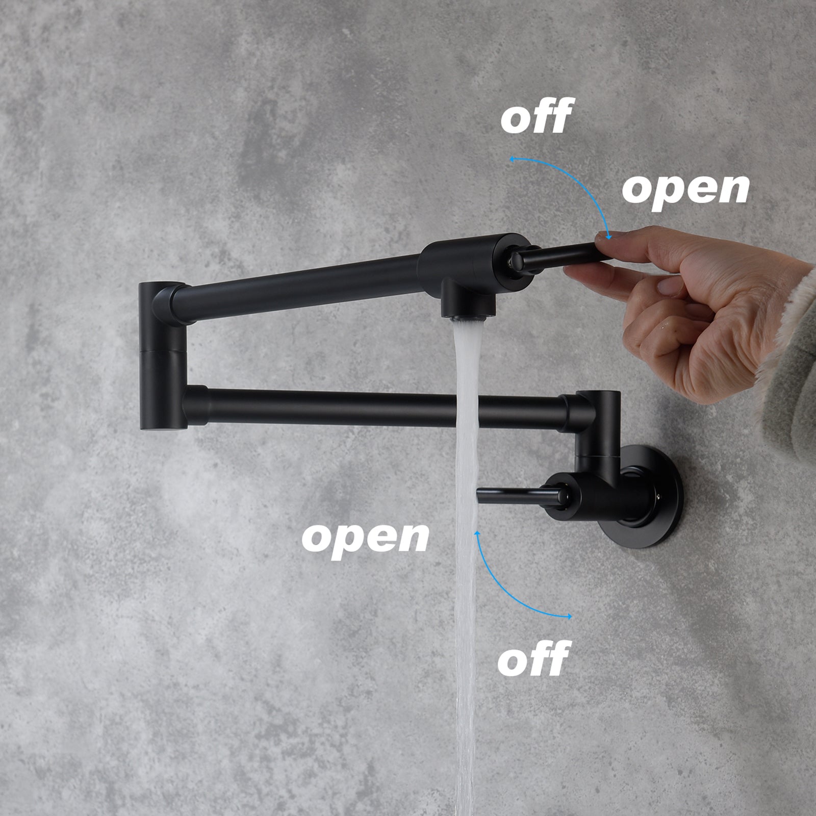 Wall Mounted Folding Pot Filler with Double-Handle Brass stretchable Kitchen Sink Faucet in Matte Black