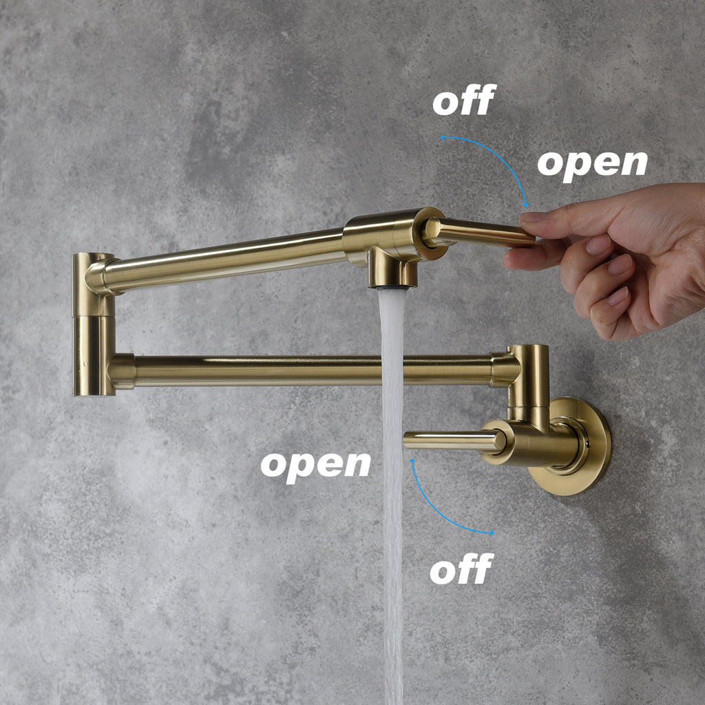 Wall Mounted Folding Pot Filler with Double-Handle Brass stretchable Kitchen Sink Faucet in Brushed Gold