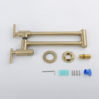 Wall Mounted Folding Pot Filler with Double-Handle Brass stretchable Kitchen Sink Faucet in Brushed Gold
