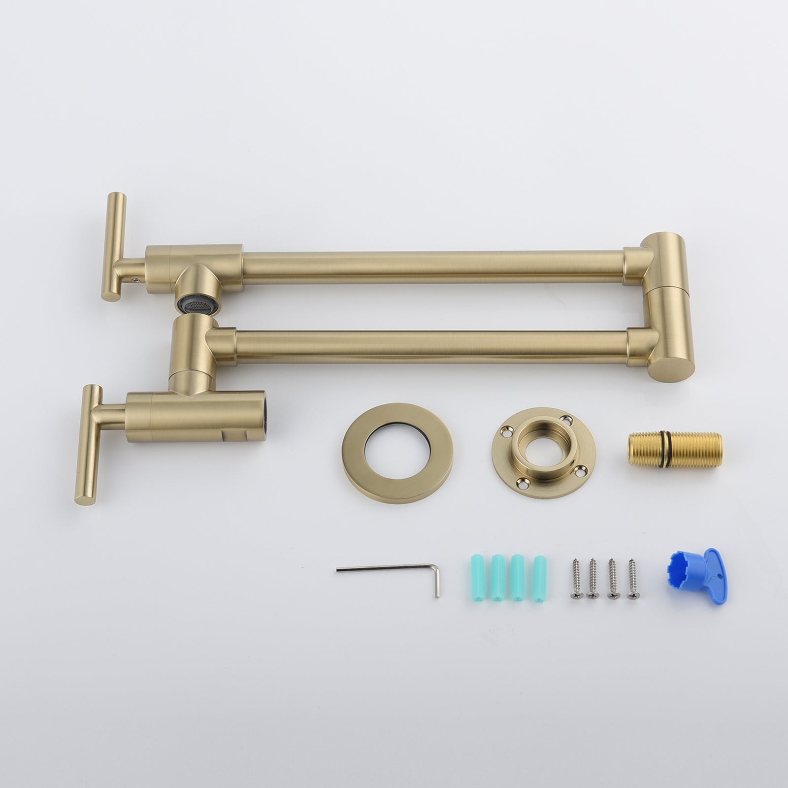 Wall Mounted Folding Pot Filler with Double-Handle Brass stretchable Kitchen Sink Faucet in Brushed Gold