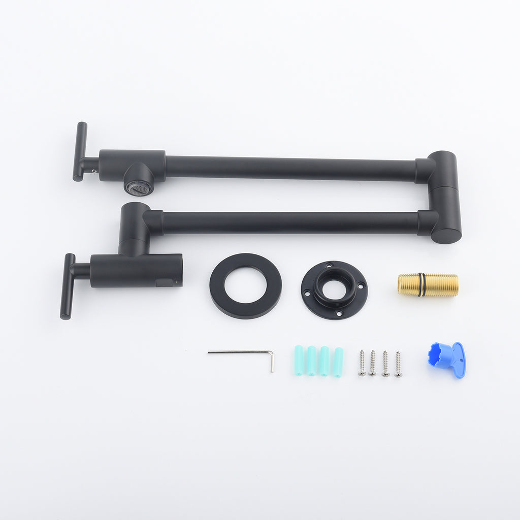 Wall Mounted Folding Pot Filler with Double-Handle Brass stretchable Kitchen Sink Faucet in Matte Black