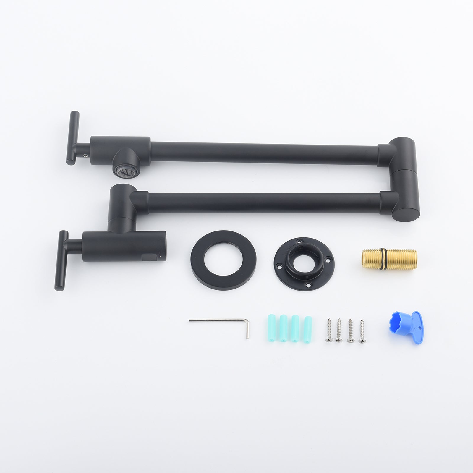 Wall Mounted Folding Pot Filler with Double-Handle Brass stretchable Kitchen Sink Faucet in Matte Black