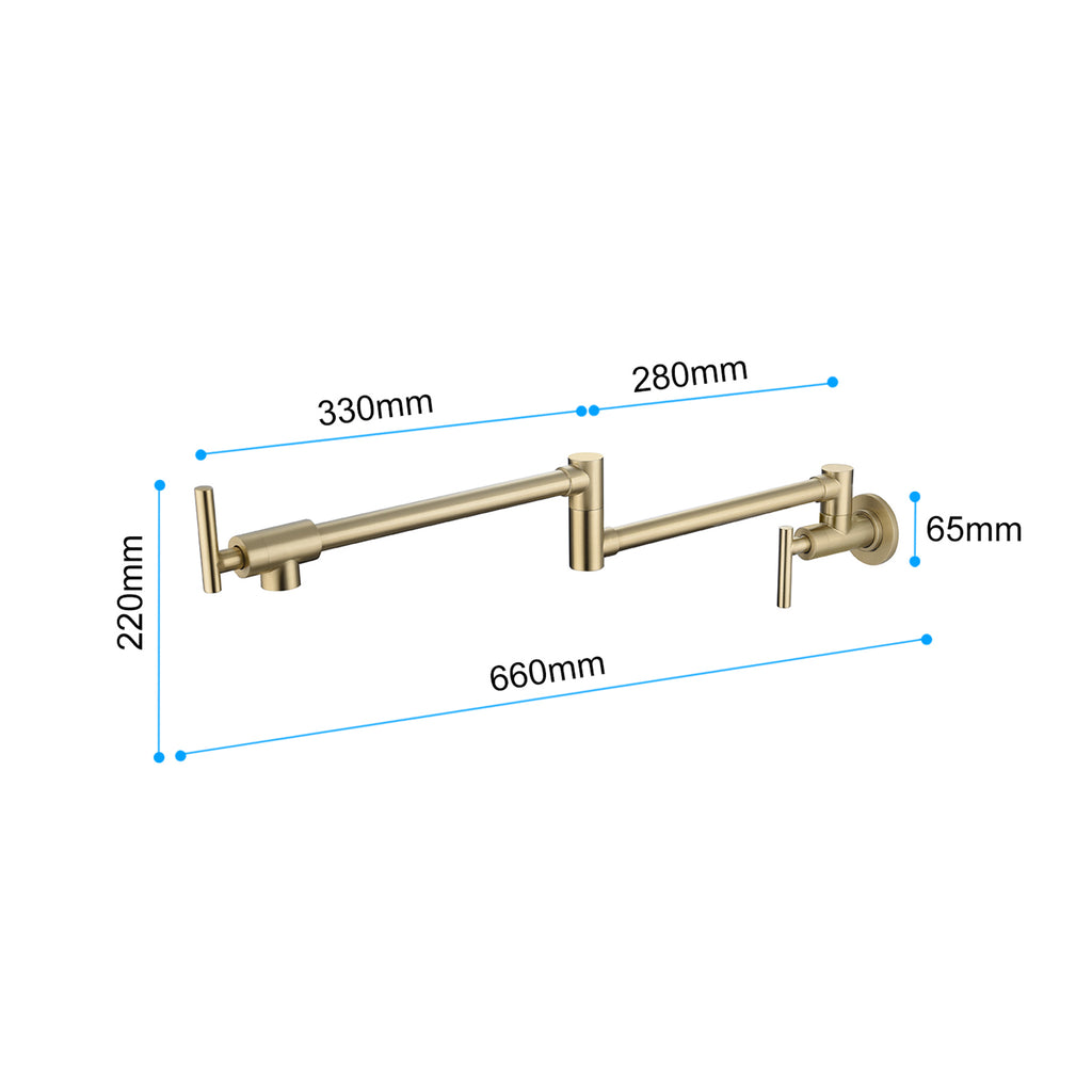 Wall Mounted Folding Pot Filler with Double-Handle Brass stretchable Kitchen Sink Faucet in Brushed Gold