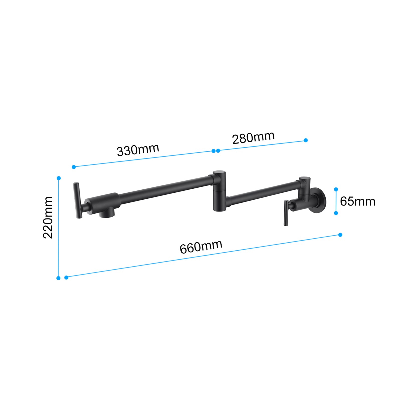 Wall Mounted Folding Pot Filler with Double-Handle Brass stretchable Kitchen Sink Faucet in Matte Black