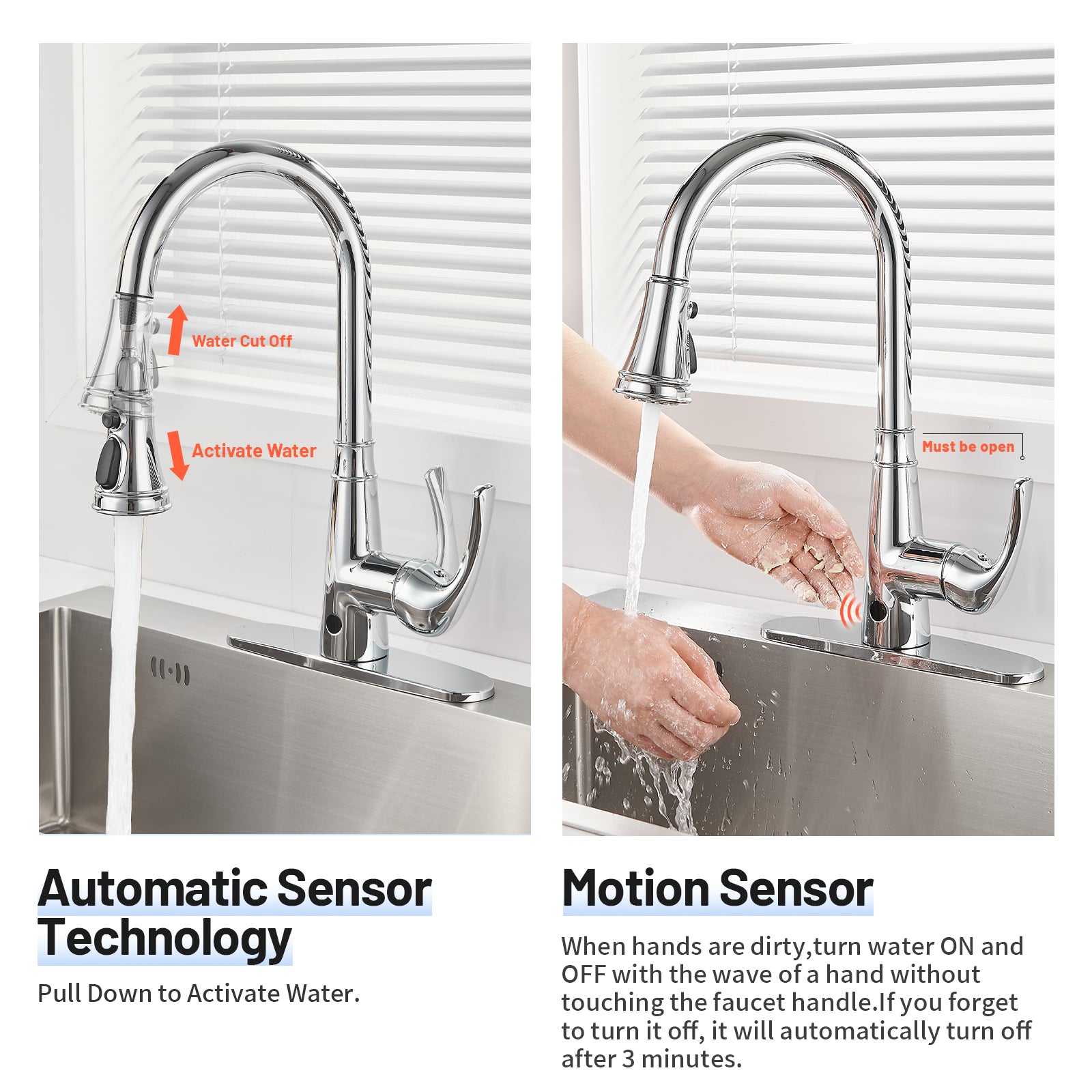 Touchless Single Handle Gooseneck Pull Down Sprayer Kitchen Faucet with Deckplate Pull Out Sink Faucet in Chrome