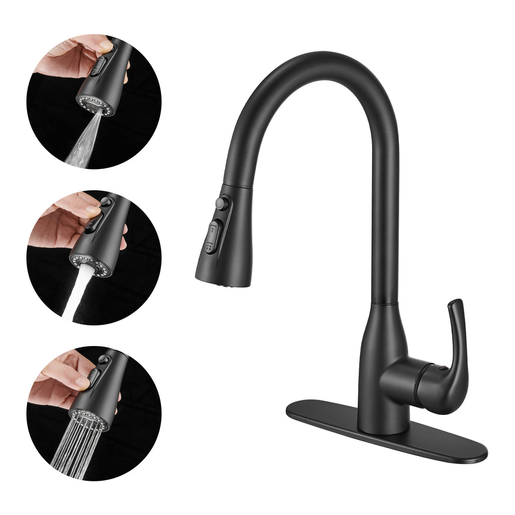 Gooseneck Single-Handle Pull Down Sprayer Kitchen Faucet with Deckplate and Sweep Spray Pull Out Sink Faucet in Black