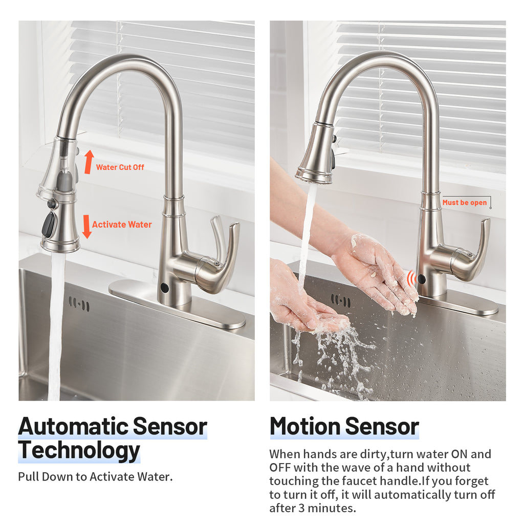 Touchless Single Handle Gooseneck Pull Down Sprayer Kitchen Faucet with Deckplate Pull Out Sink Faucet in Gold