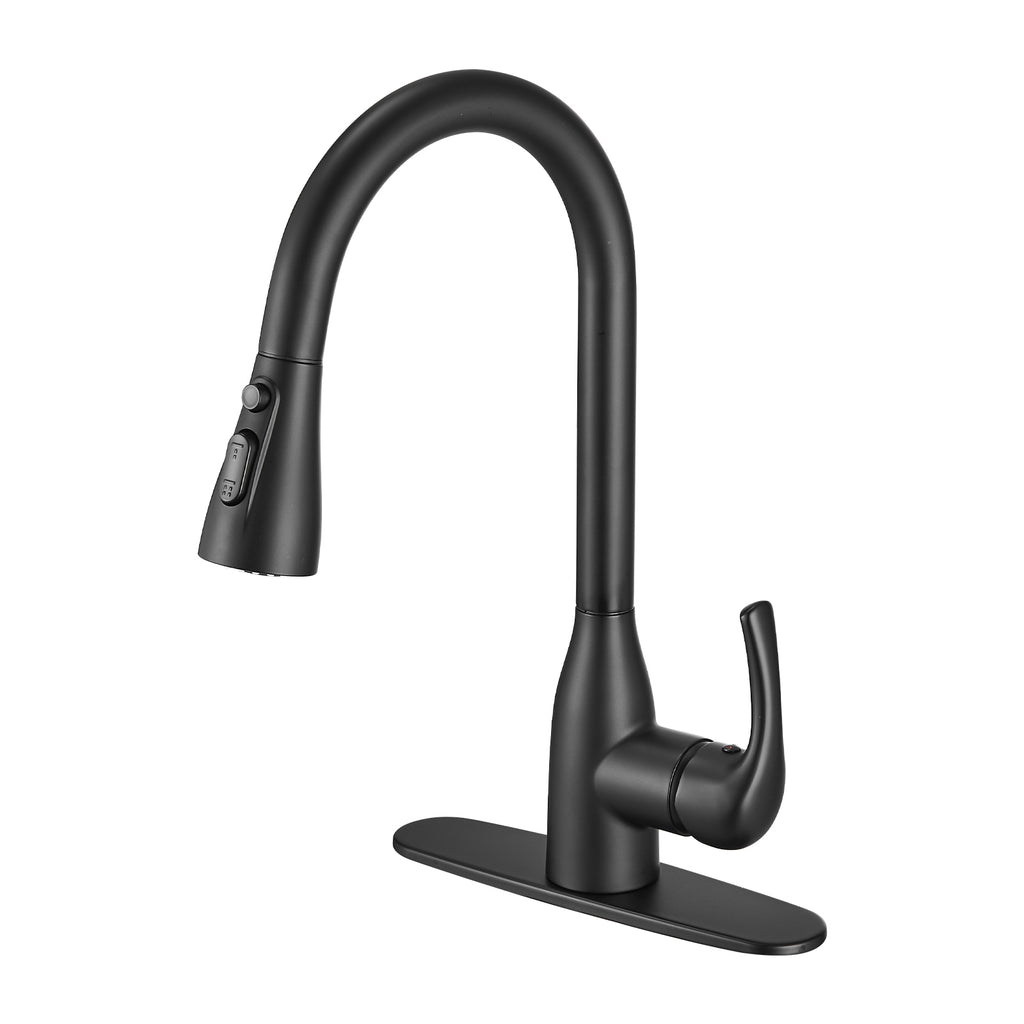 Gooseneck Single-Handle Pull Down Sprayer Kitchen Faucet with Deckplate and Sweep Spray Pull Out Sink Faucet in Black