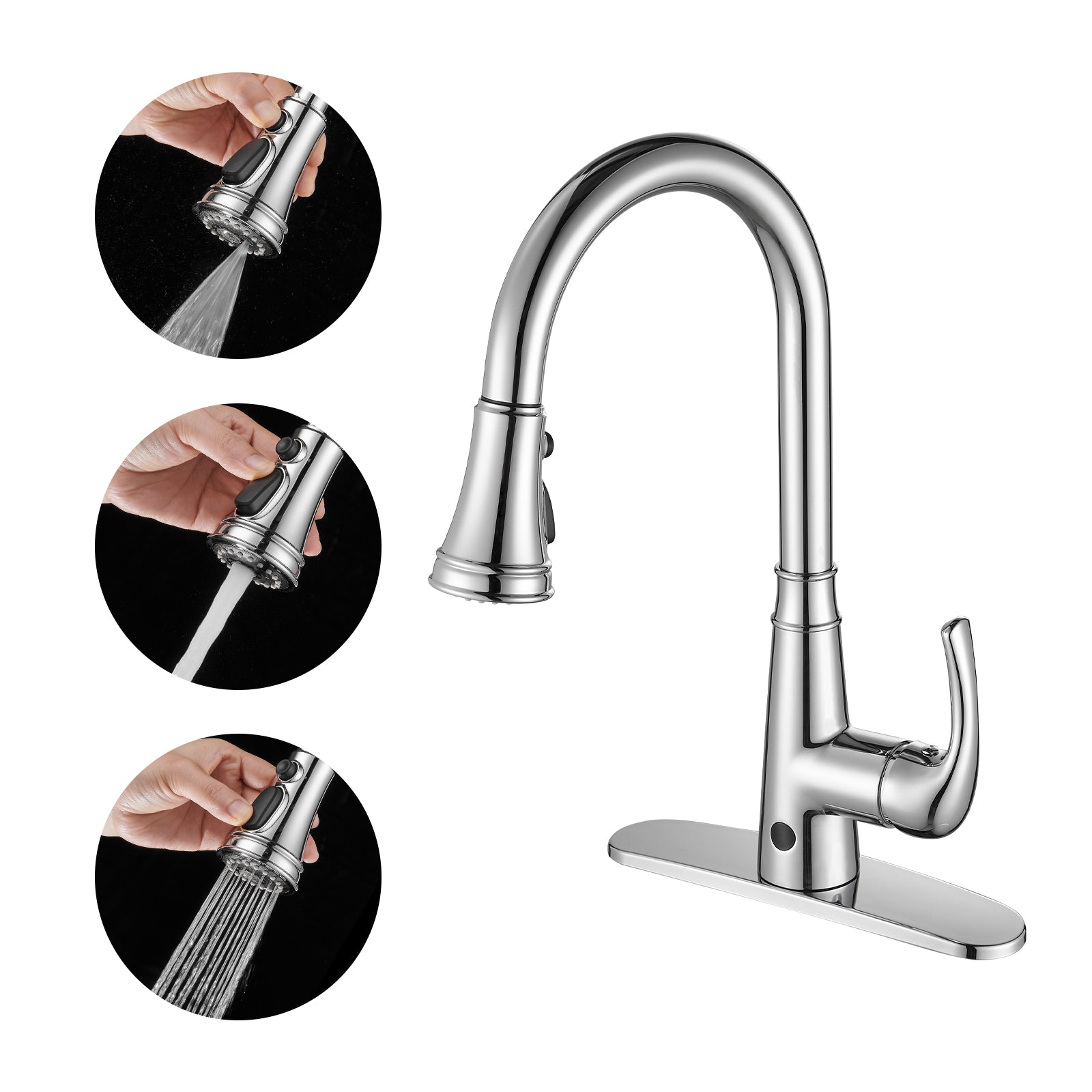 Touchless Single Handle Gooseneck Pull Down Sprayer Kitchen Faucet with Deckplate Pull Out Sink Faucet in Chrome