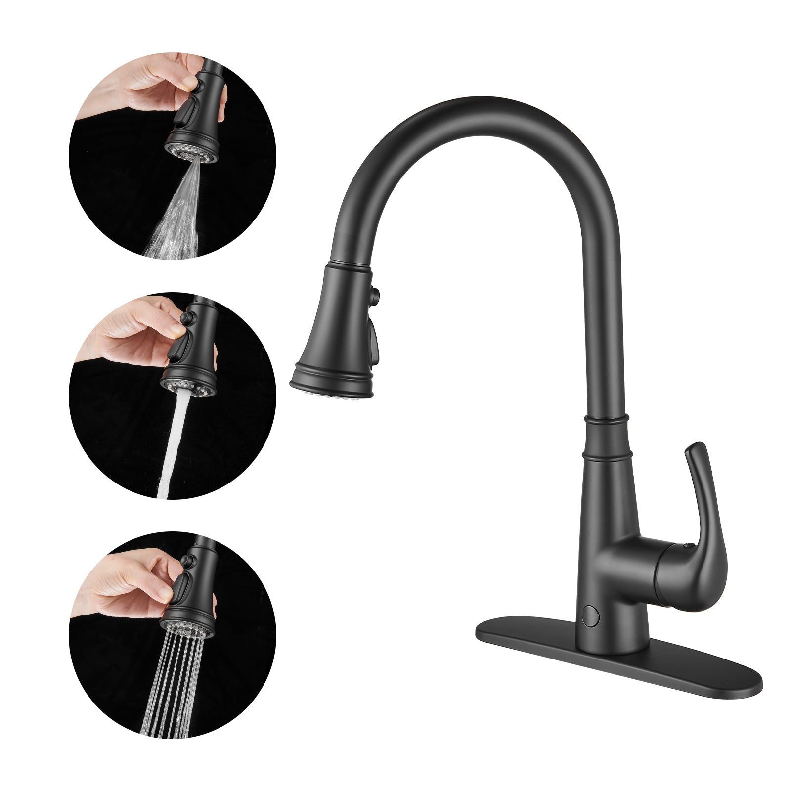 Touchless Single Handle Gooseneck Pull Down Sprayer Kitchen Faucet with Deckplate Pull Out Sink Faucet in Black